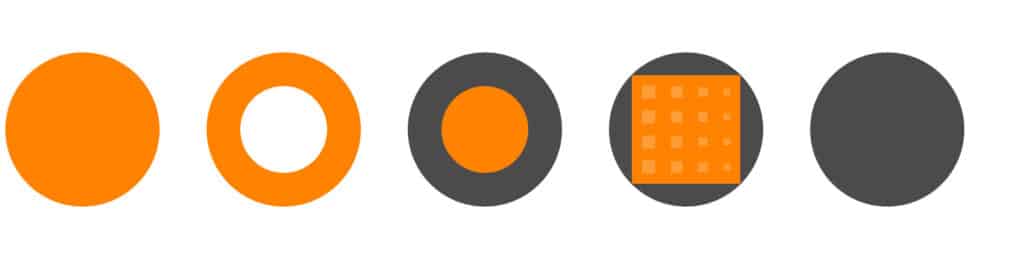 Five circles ranging in color from orange to dark gray with pattern variants shown on top